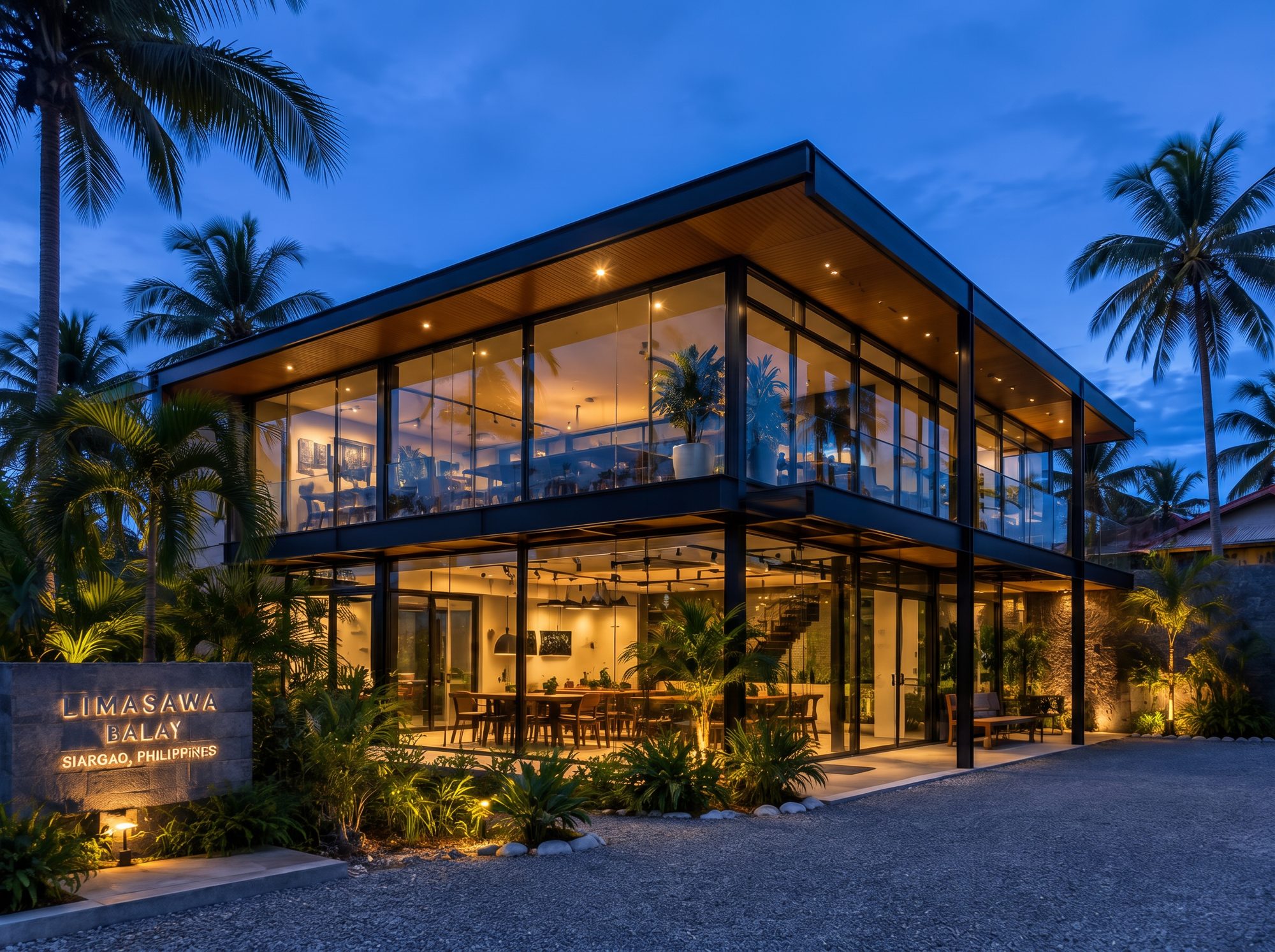 Glass building with aluminum frames at blue hour